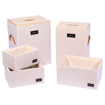 Set 5 coșuri din poliester cu efect catifea și MDF – Bej