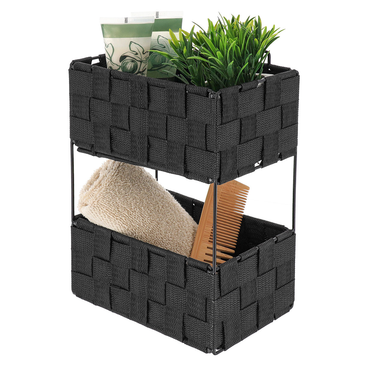 Etajeră 2 niveluri PM împletită din poliester și metal – Negru