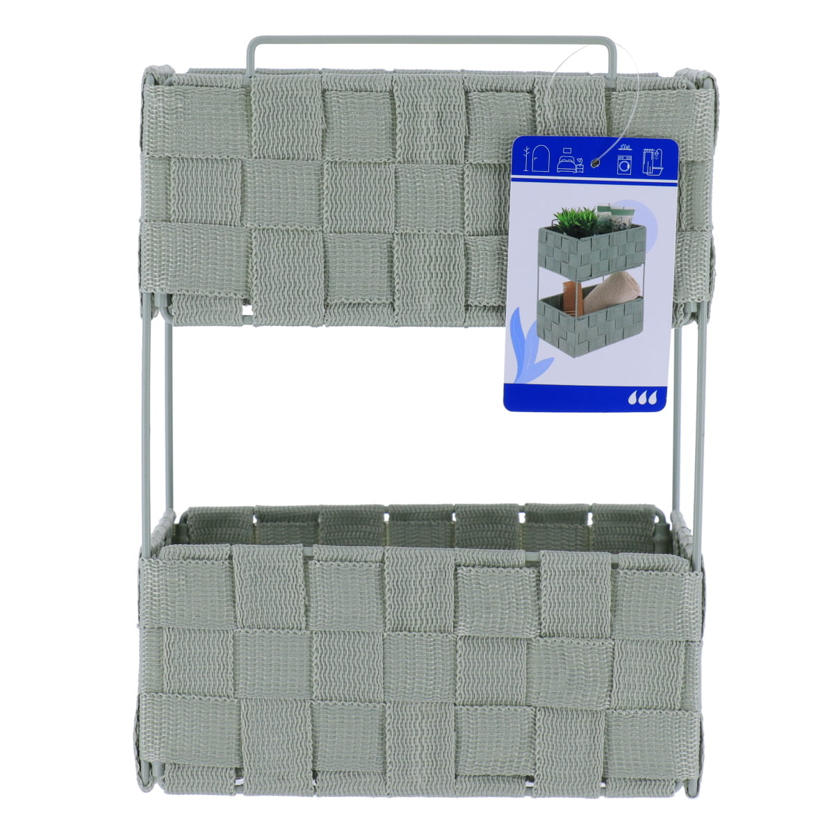 Etajeră 2 niveluri PM împletită din poliester și metal – Verde salvie