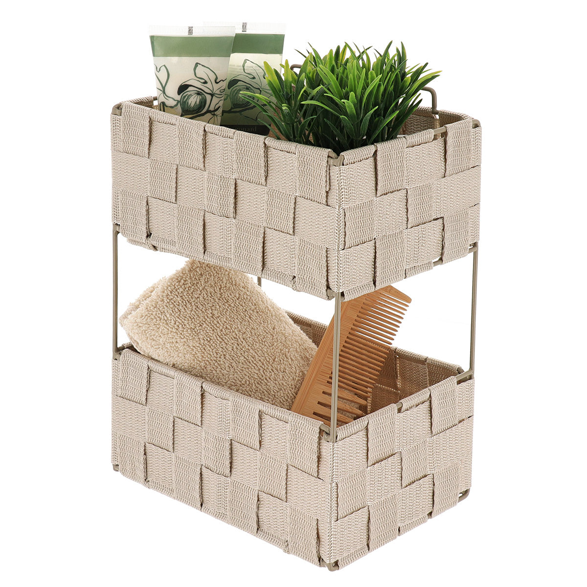 Etajeră 2 niveluri PM împletită din poliester și metal – Bej