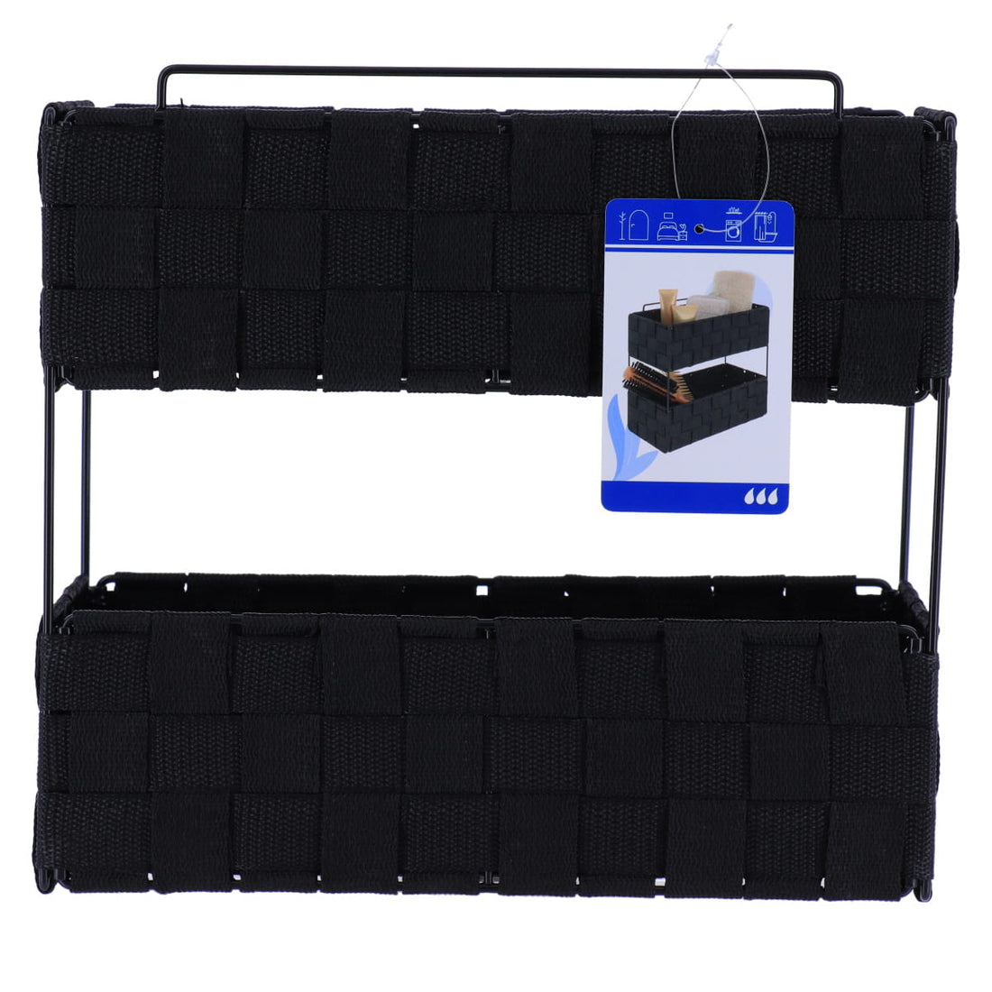 Etajeră 2 niveluri GM împletită din poliester și metal – Negru