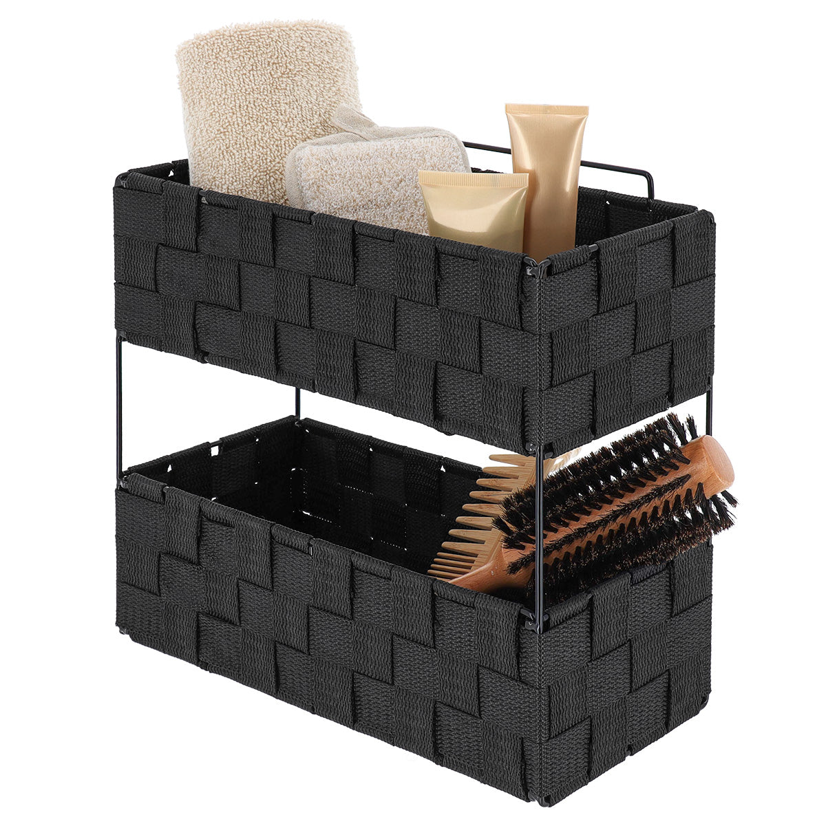 Etajeră 2 niveluri GM împletită din poliester și metal – Negru