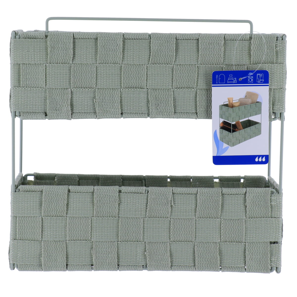 Etajeră 2 niveluri GM împletită din poliester și metal – Verde salvie