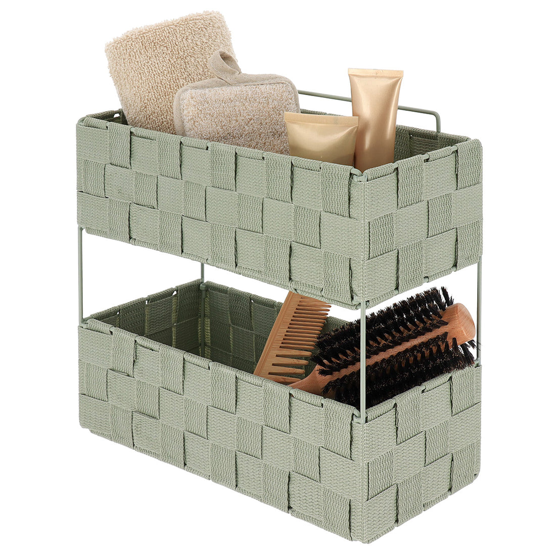 Etajeră 2 niveluri GM împletită din poliester și metal – Verde salvie