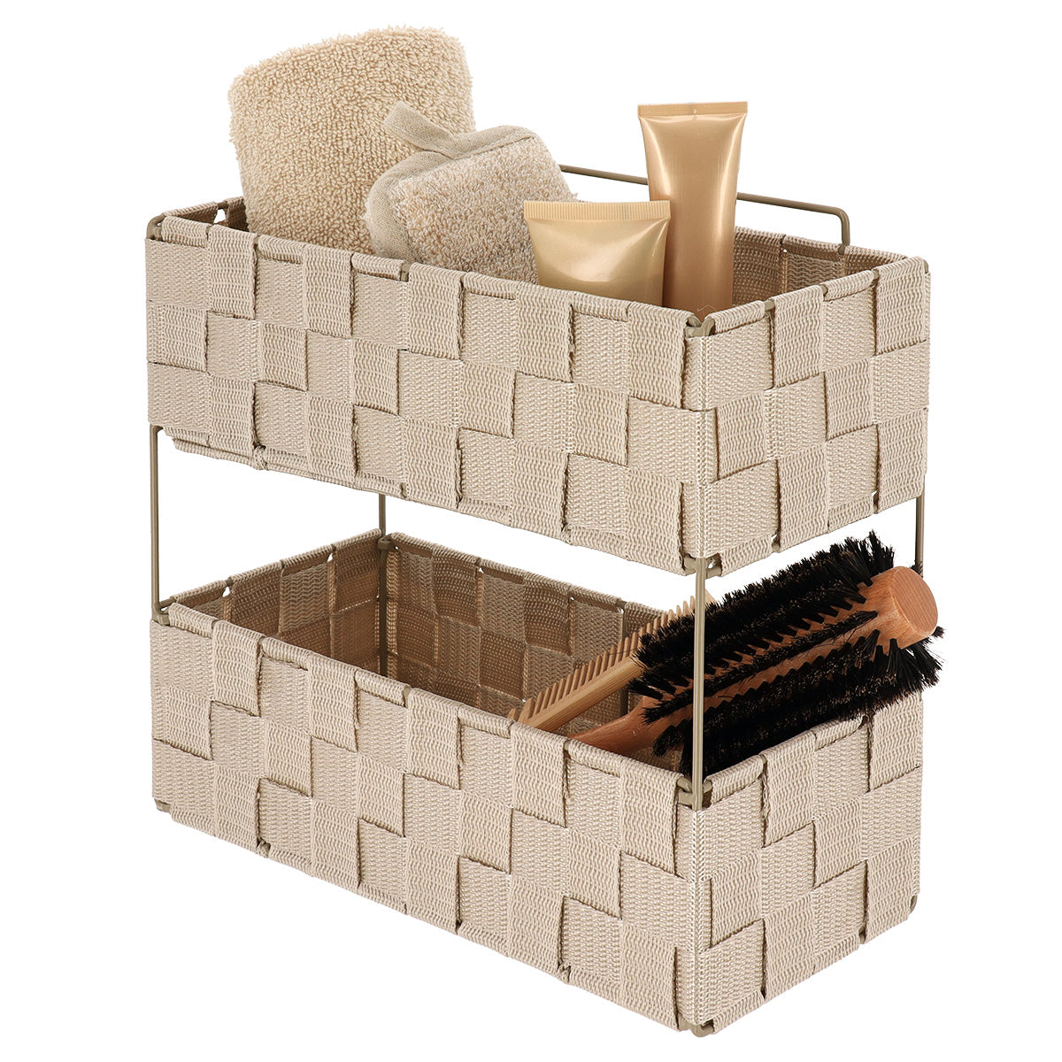 Etajeră 2 niveluri GM împletită din poliester și metal – Bej