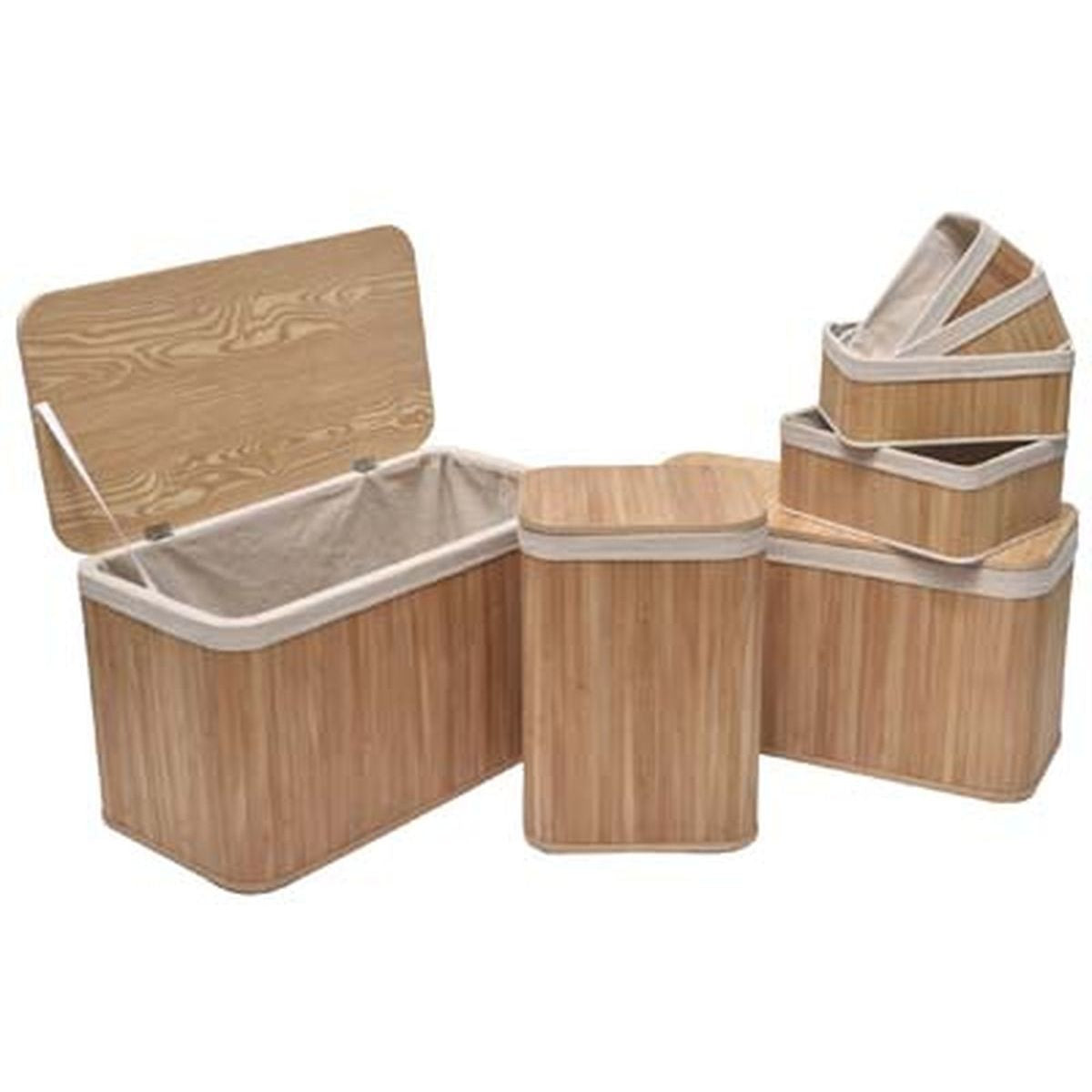 Set 2 cufere și 5 coșuri din bambus – Bambus / Țesătură in