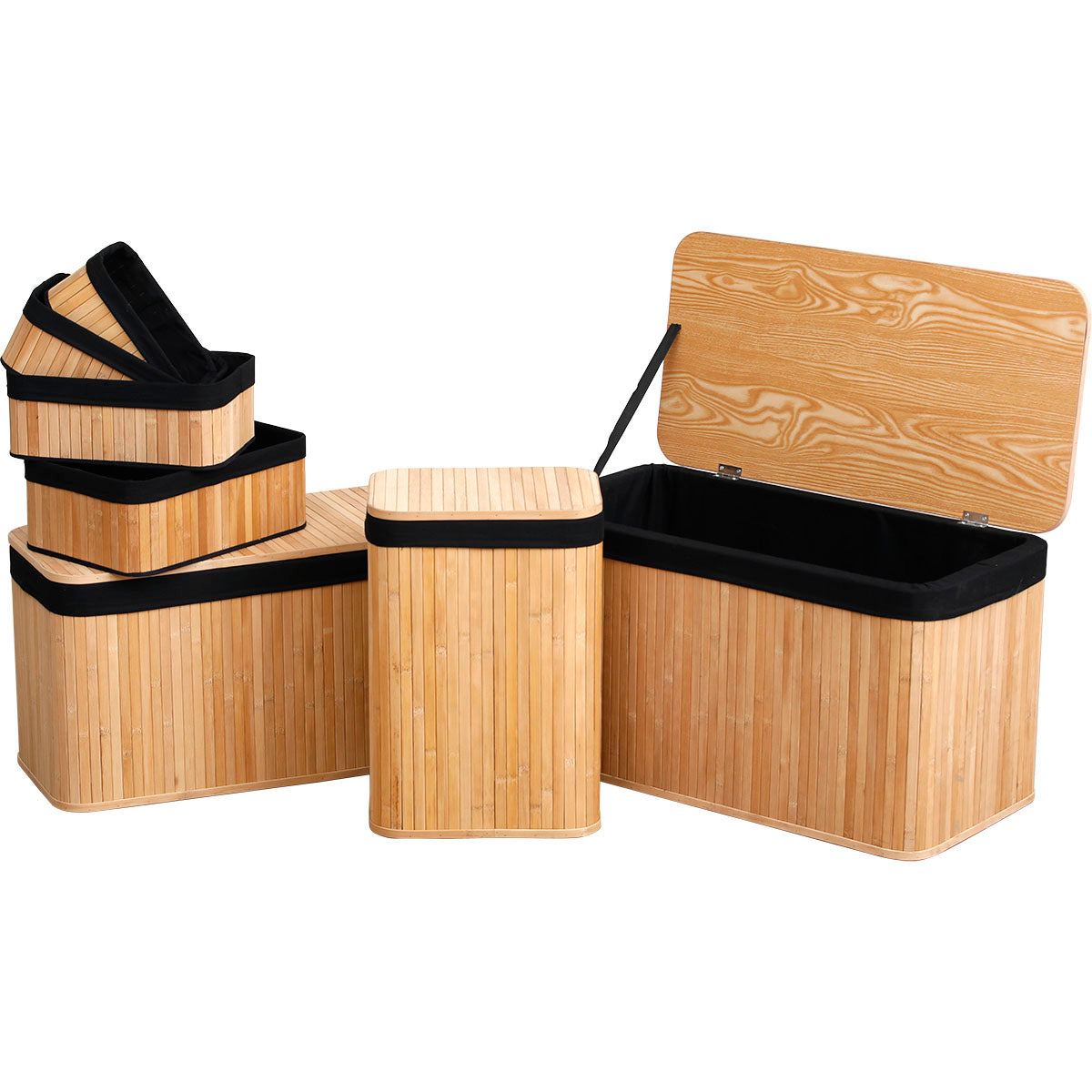 Set 2 cufere și 5 coșuri din bambus – Bambus / Material textil negru