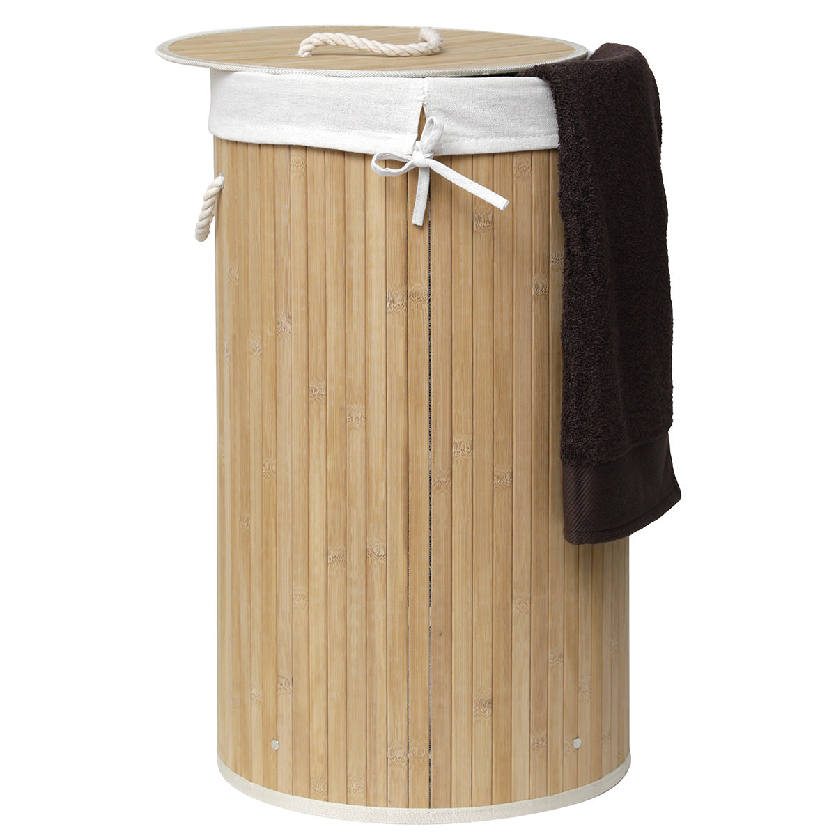 Coș de rufe rotund pliabil din bambus – Bambus / Țesătură in