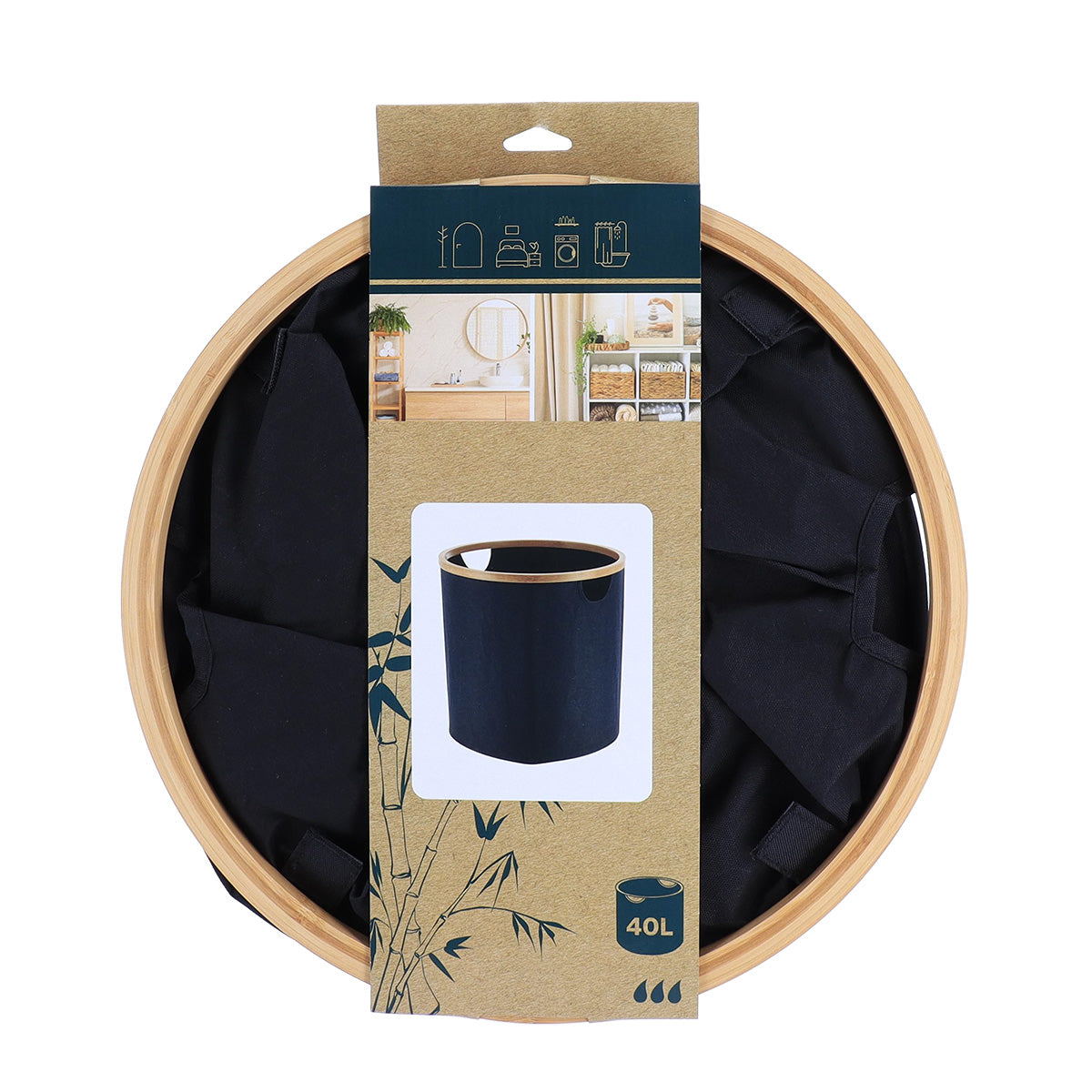 Coș de rufe pliabil din poliester cu cadru din bambus – formă rotundă, negru/bambus
