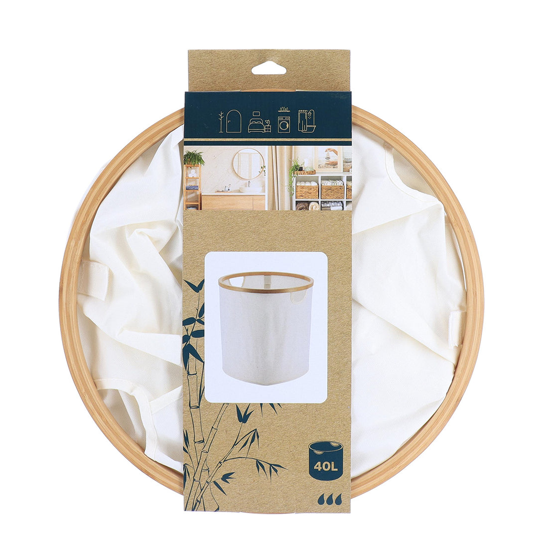Coș de rufe pliabil din poliester cu cadru din bambus – formă rotundă, natural/bambus