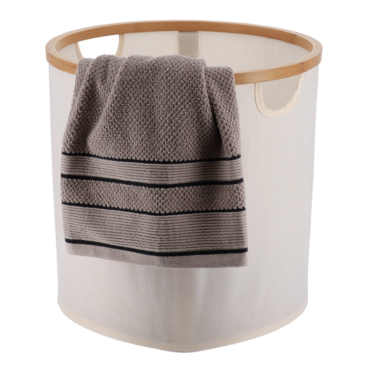 Coș de rufe pliabil din poliester cu cadru din bambus – formă rotundă, natural/bambus