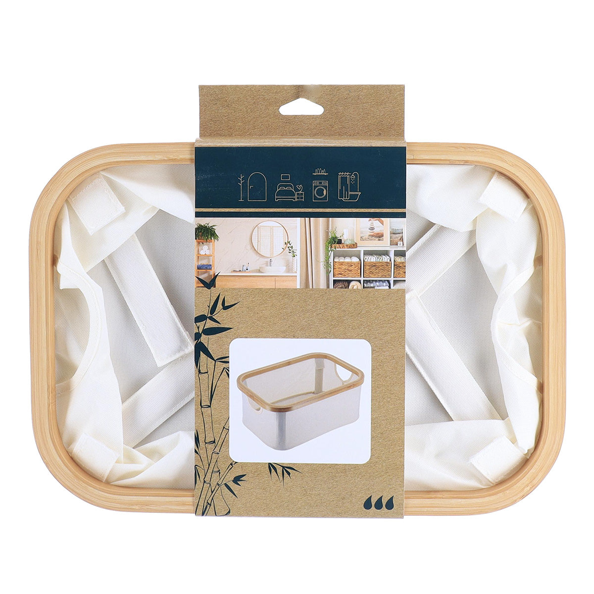 Coș de depozitare pliabil din poliester cu cadru din bambus – formă rectangulară, natural/bambus