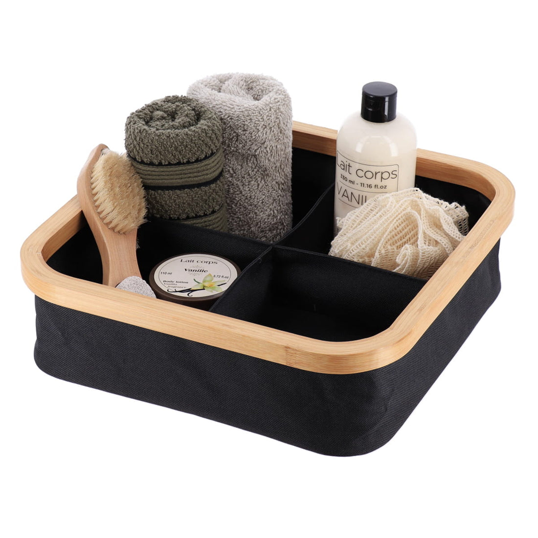 Coș de depozitare pliabil din poliester cu cadru din bambus – formă pătrată cu 4 compartimente, negru/bambus