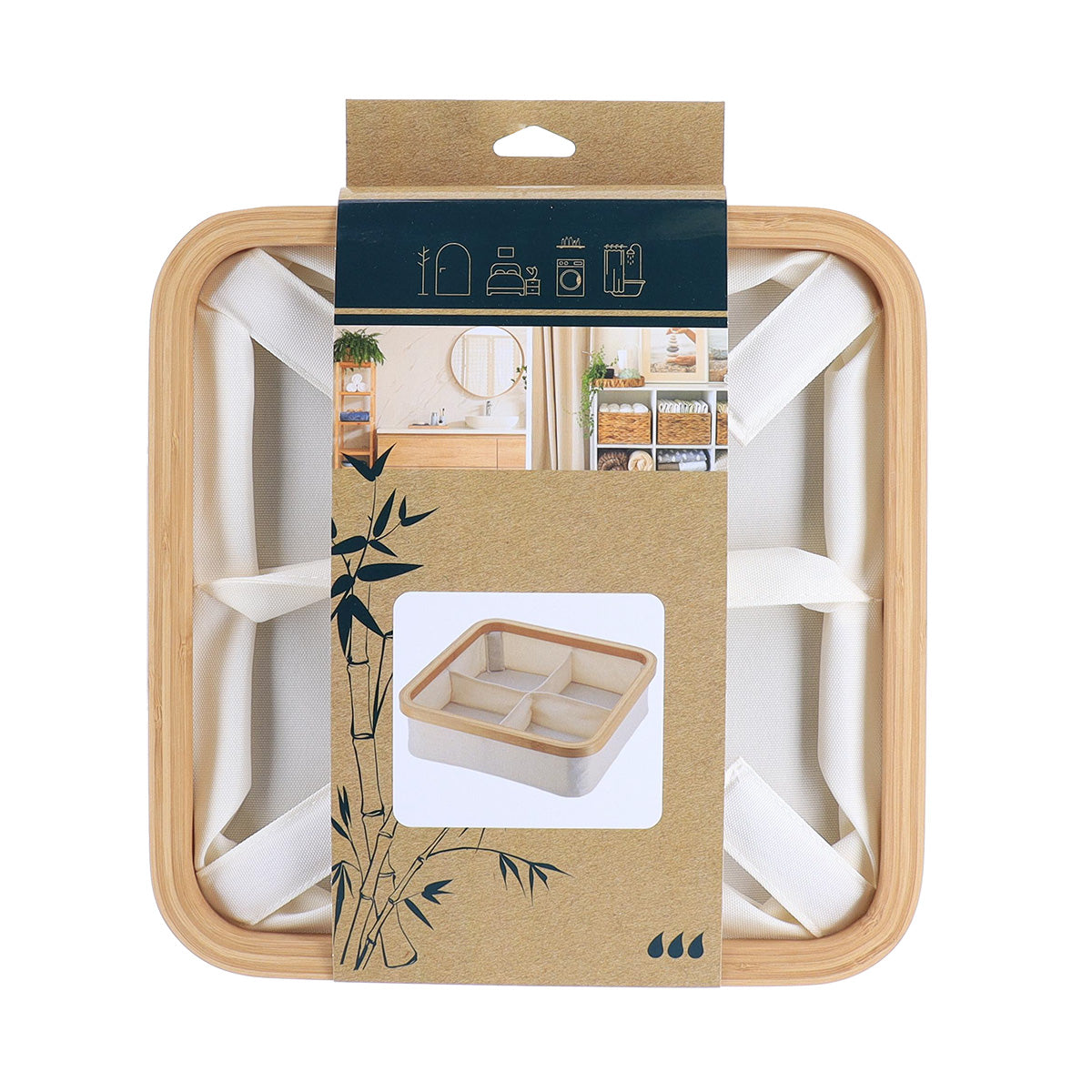 Coș de depozitare pliabil din poliester cu cadru din bambus – formă pătrată cu 4 compartimente, natural/bambus