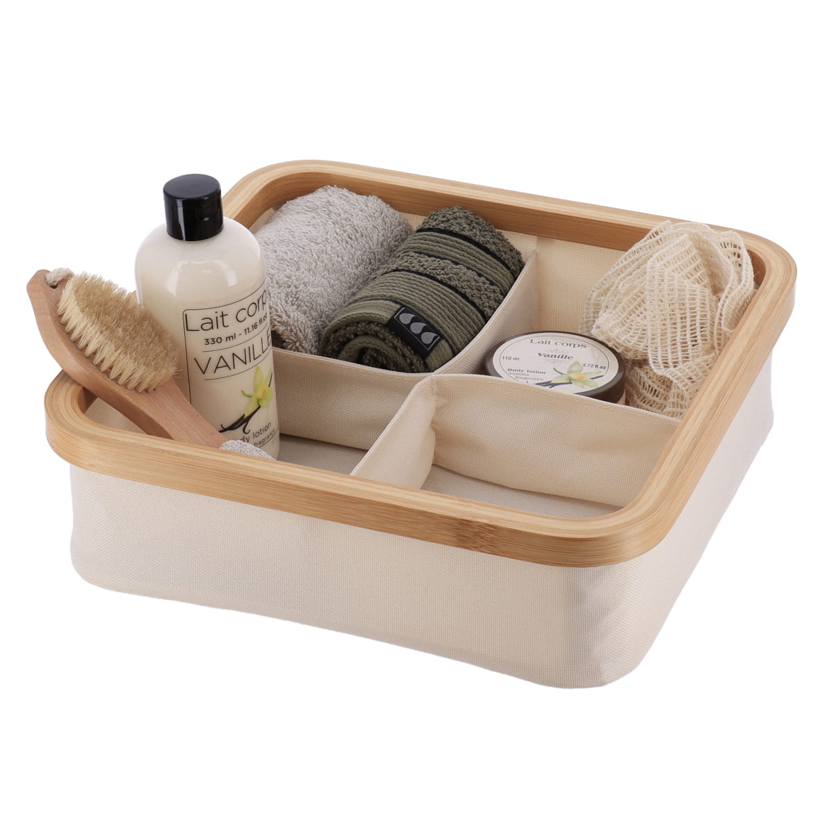 Coș de depozitare pliabil din poliester cu cadru din bambus – formă pătrată cu 4 compartimente, natural/bambus