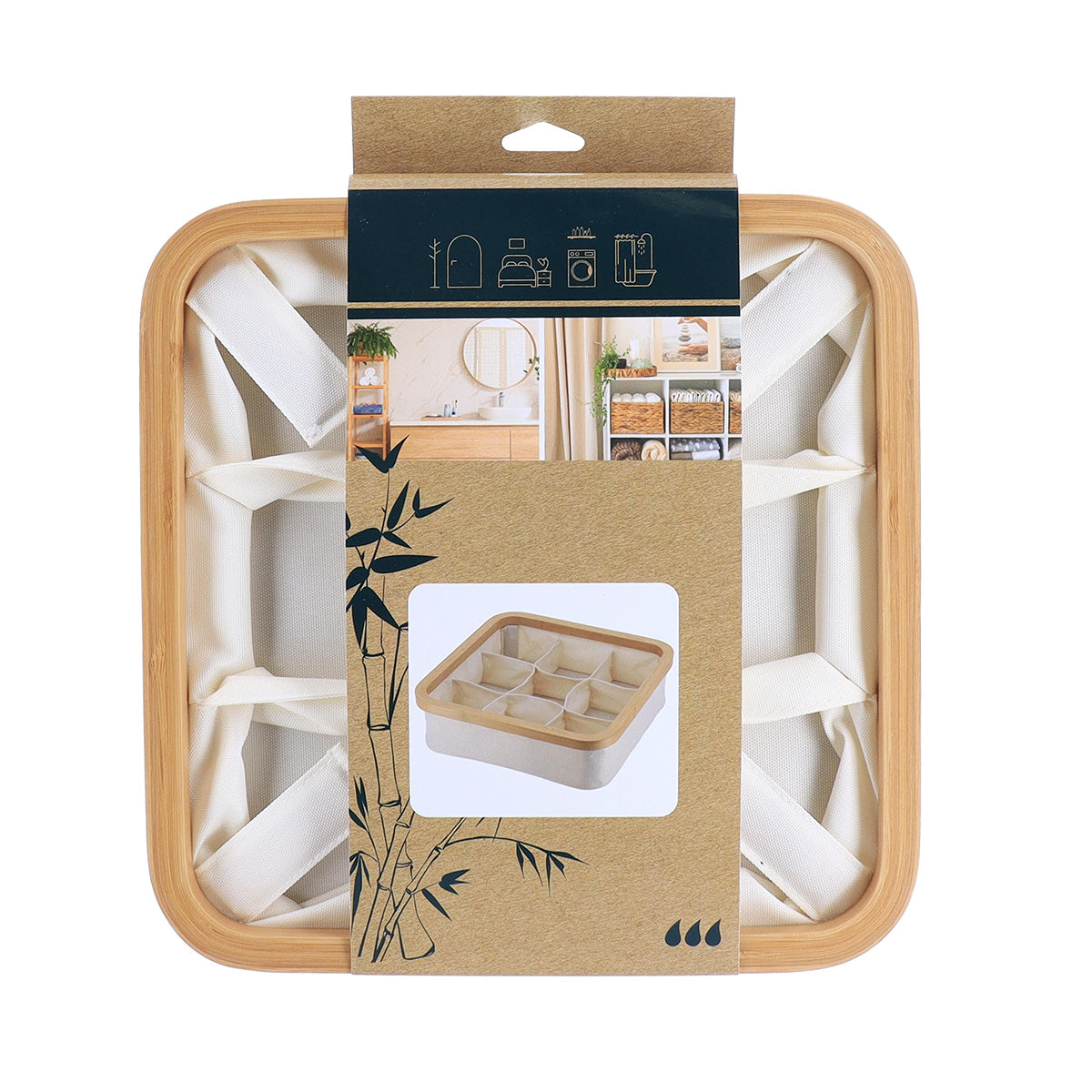 Coș de depozitare pliabil din poliester cu cadru din bambus – formă pătrată cu 9 compartimente, natural/bambus