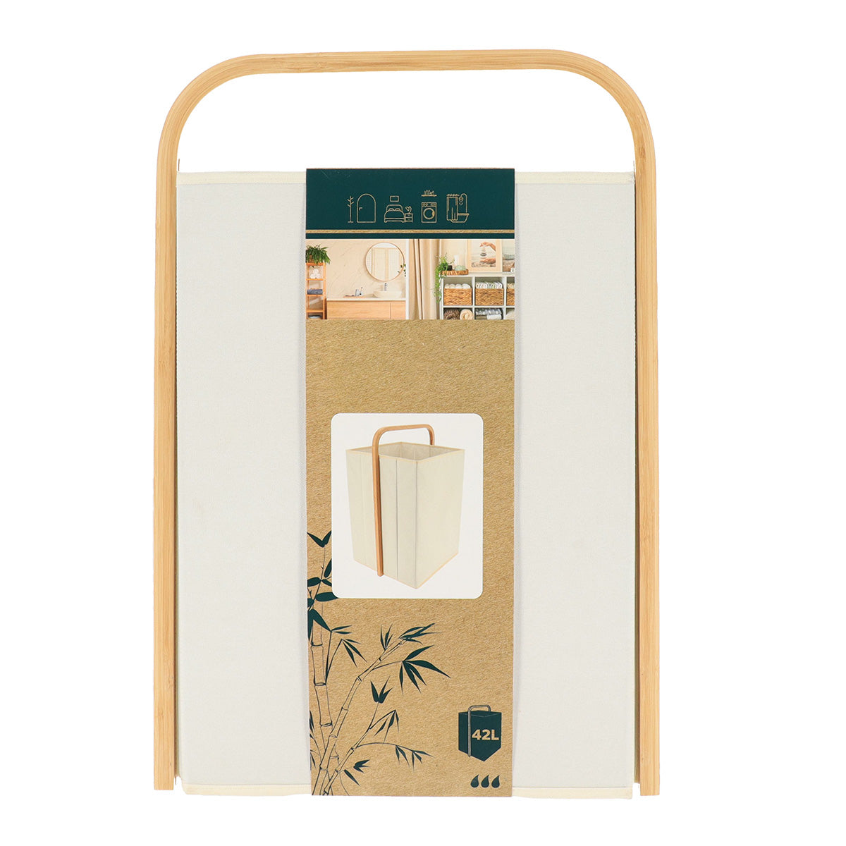 Coș de rufe pătrat din poliester cu mânere din bambus – Natur