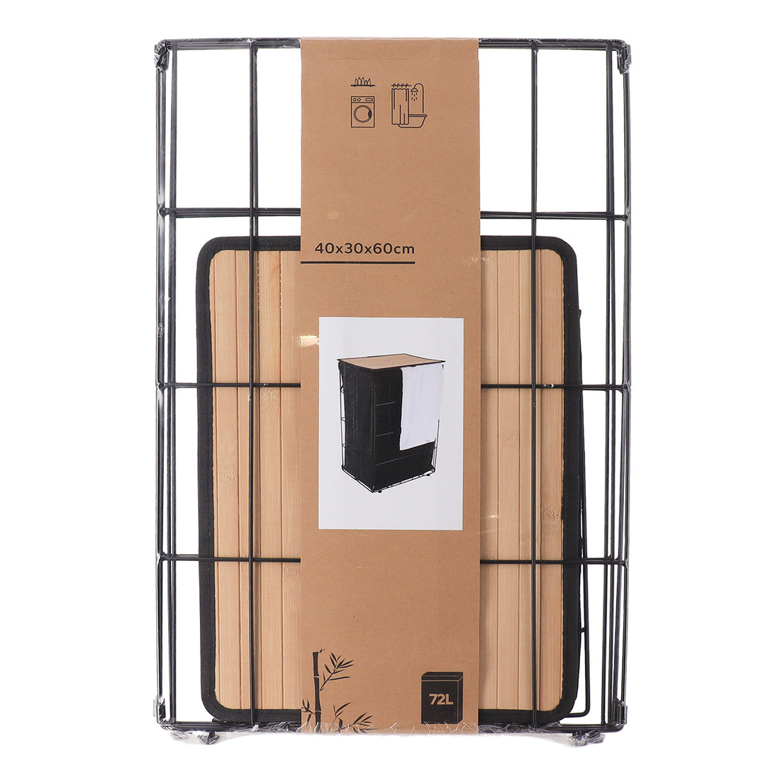 Coș de rufe pliabil din metal cu capac din bambus – Negru / Material textil negru