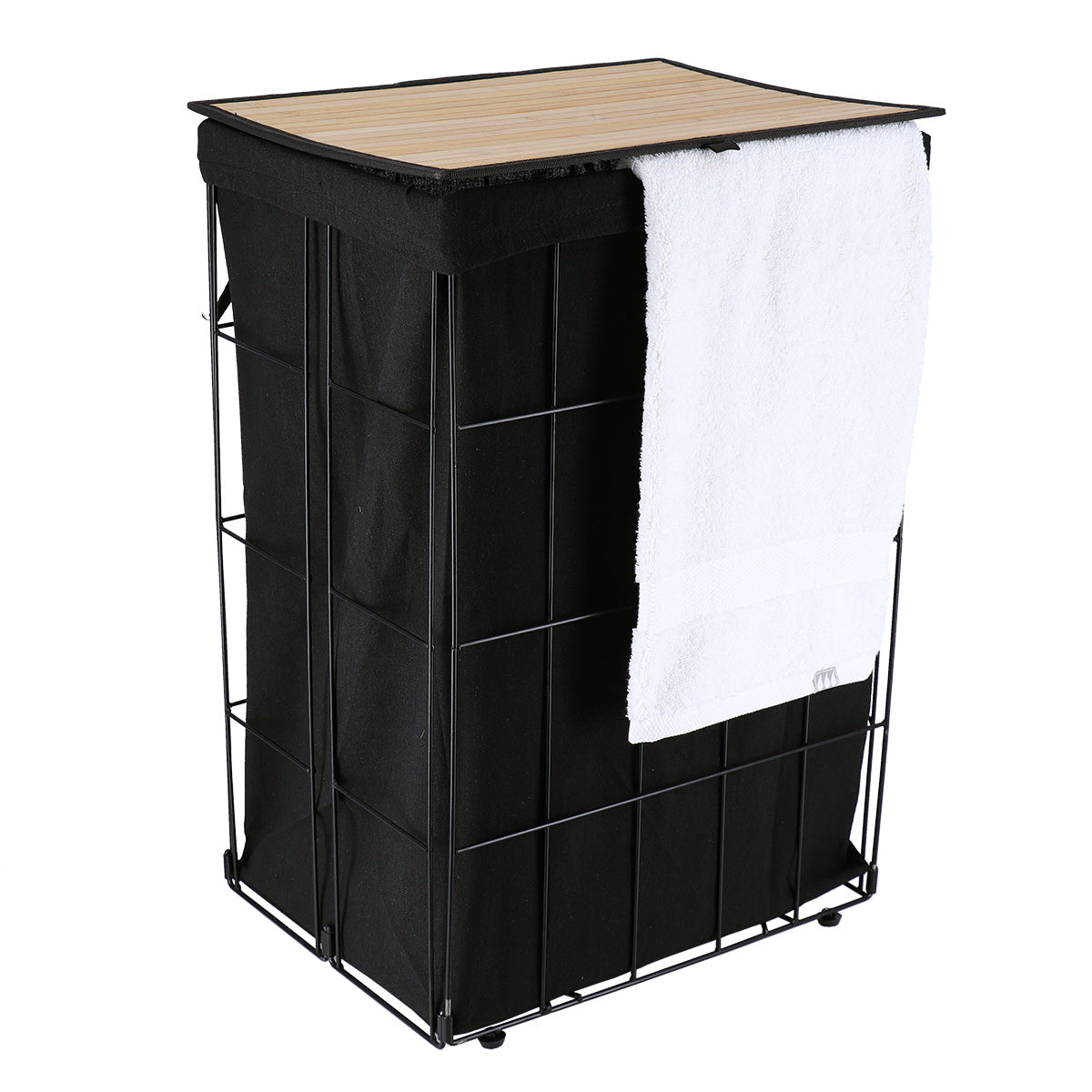 Coș de rufe pliabil din metal cu capac din bambus – Negru / Material textil negru