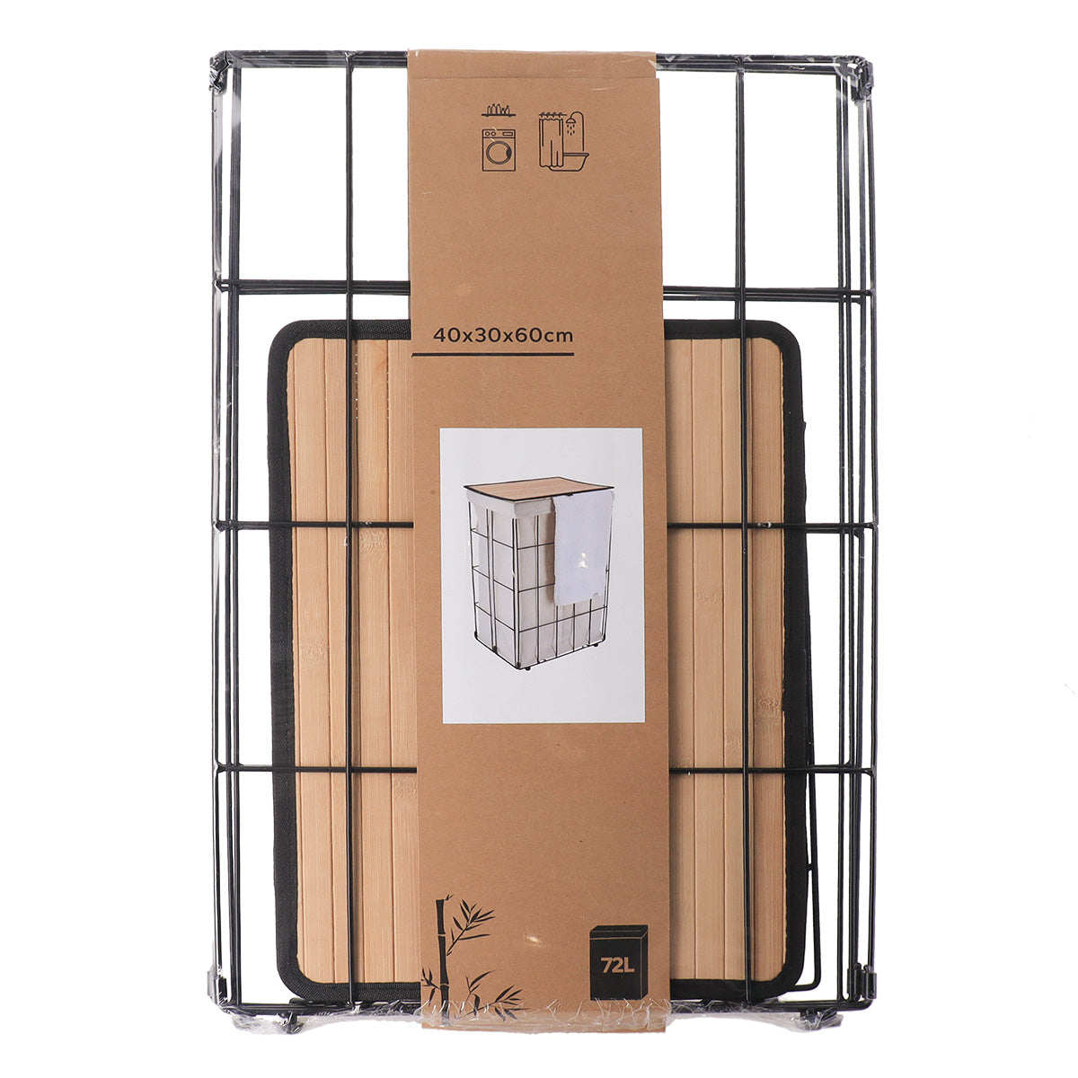 Coș de rufe pliabil din metal cu capac din bambus – Negru / Material textil natur