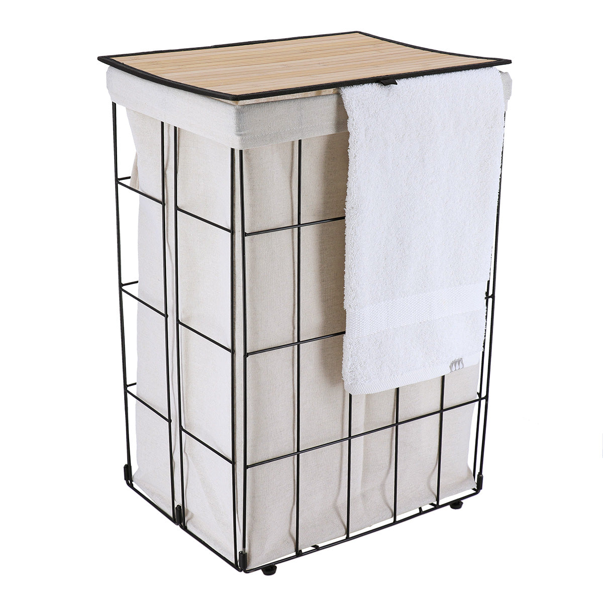 Coș de rufe pliabil din metal cu capac din bambus – Negru / Material textil natur