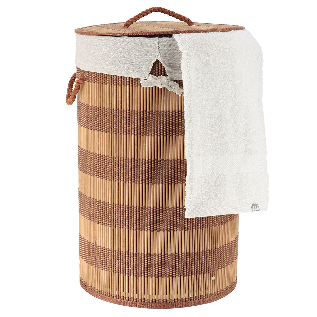 Coș de rufe rotund pliabil din bambus cu capac – Natur/Maro