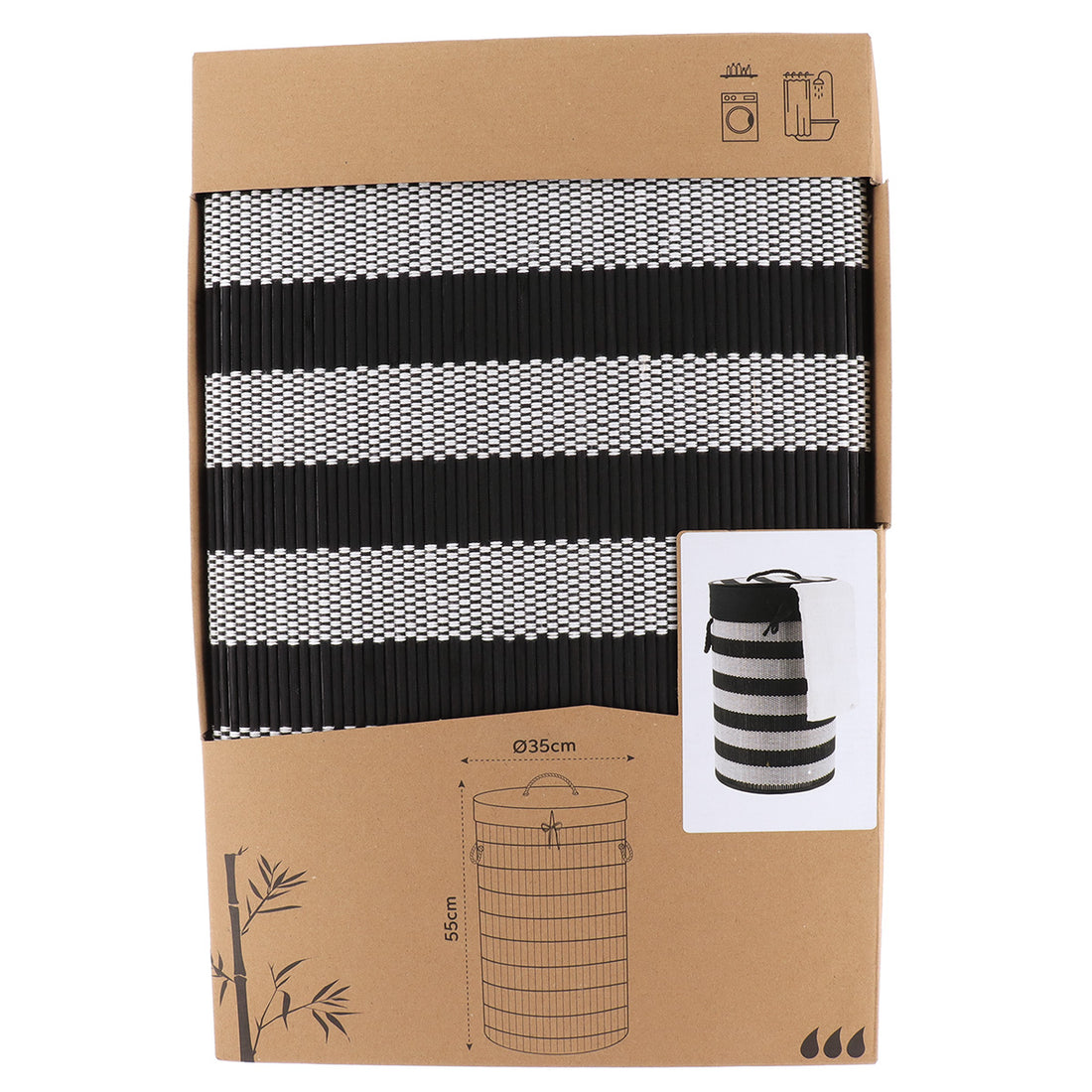 Coș de rufe rotund pliabil din bambus cu capac – Negru/Alb