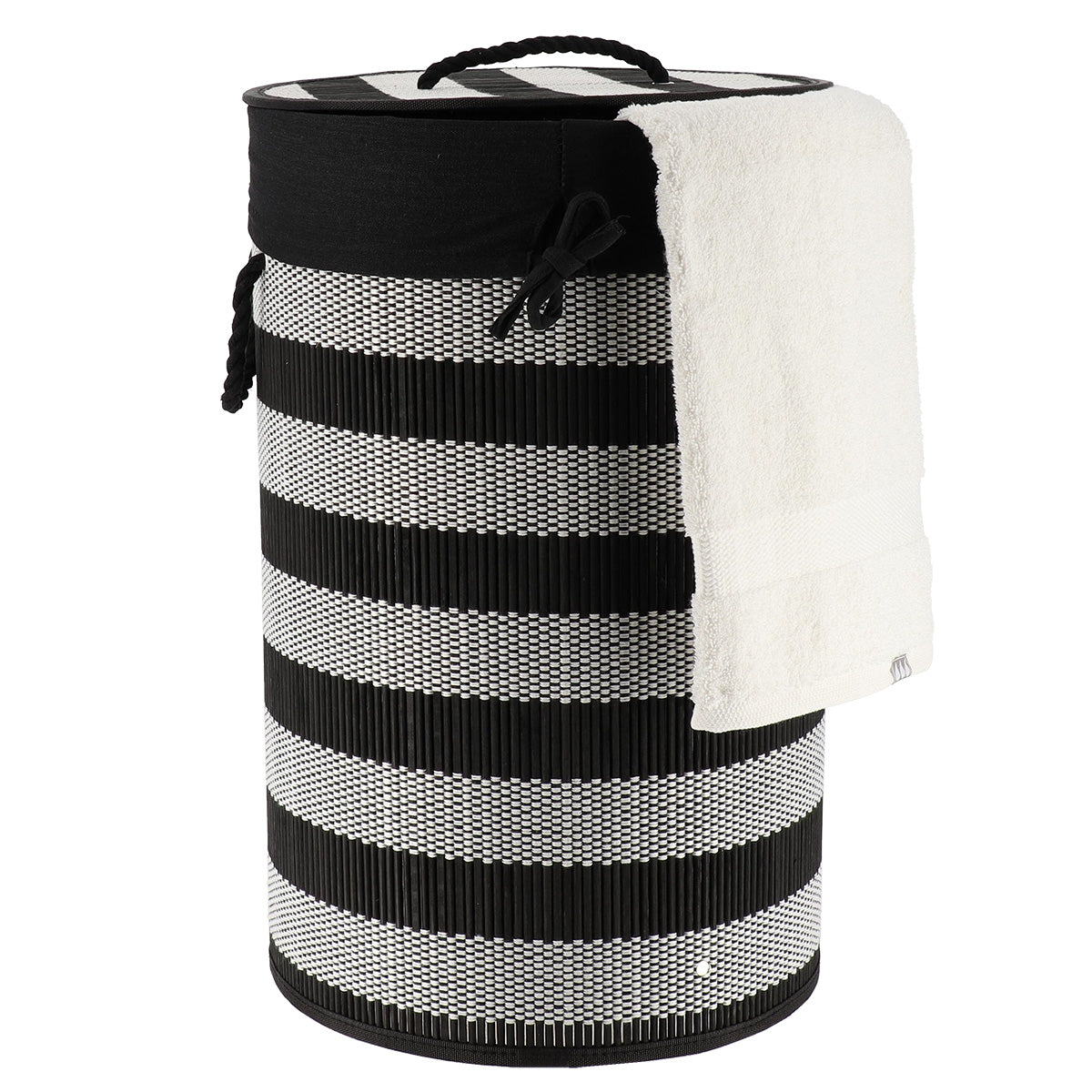 Coș de rufe rotund pliabil din bambus cu capac – Negru/Alb