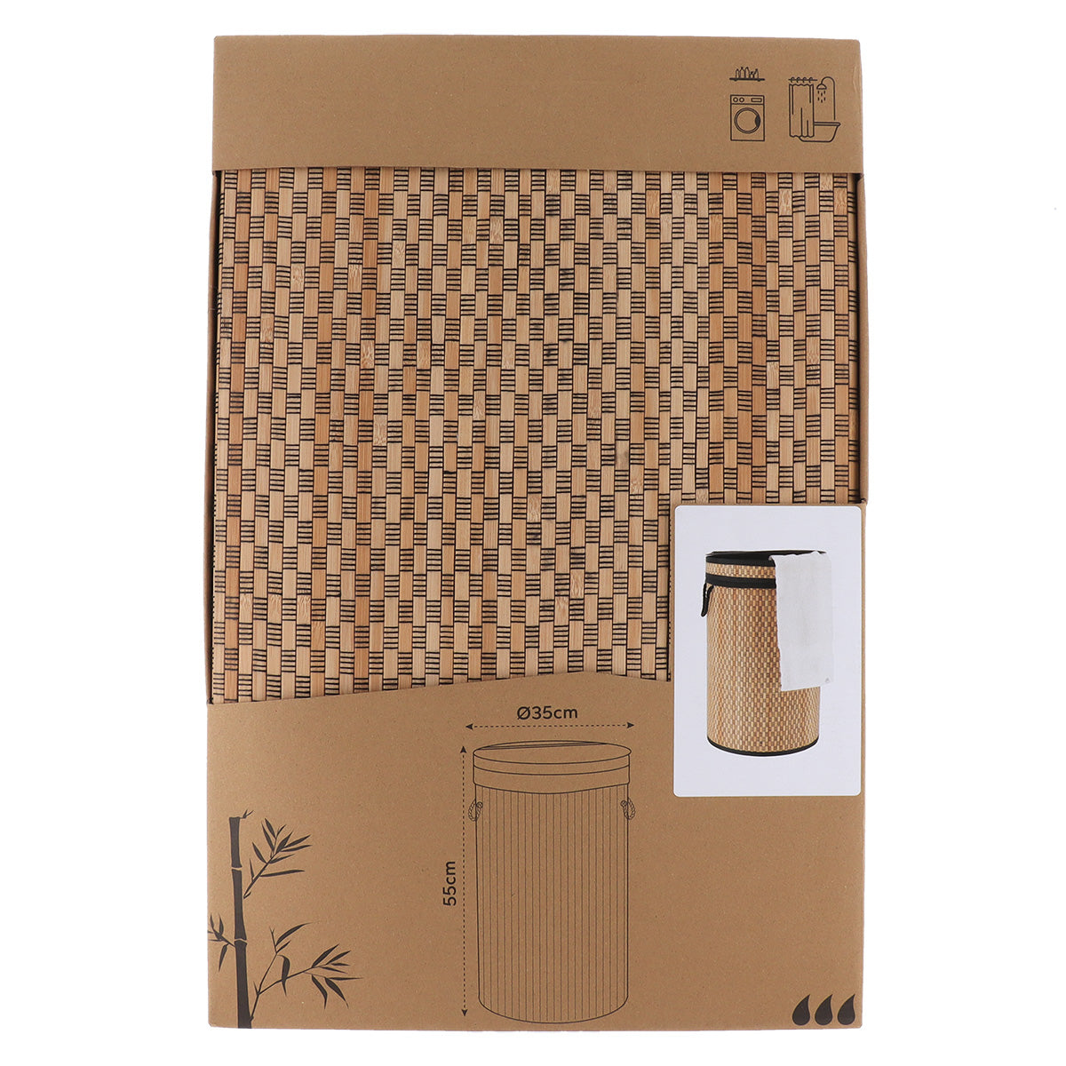 Coș de rufe rotund pliabil din bambus cu capac integrat – Natur/Negru