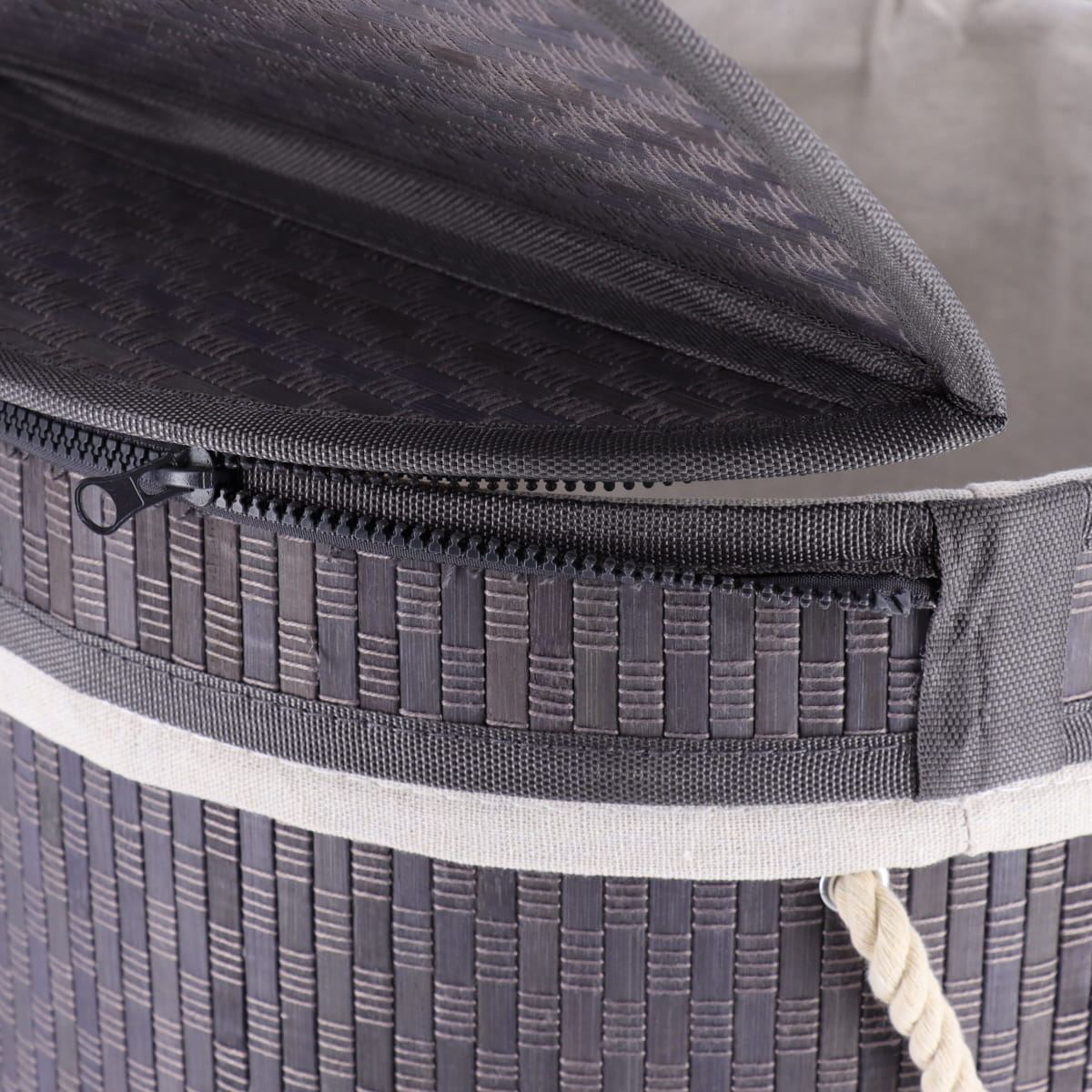 Coș de rufe rotund pliabil din bambus cu capac integrat – Gri