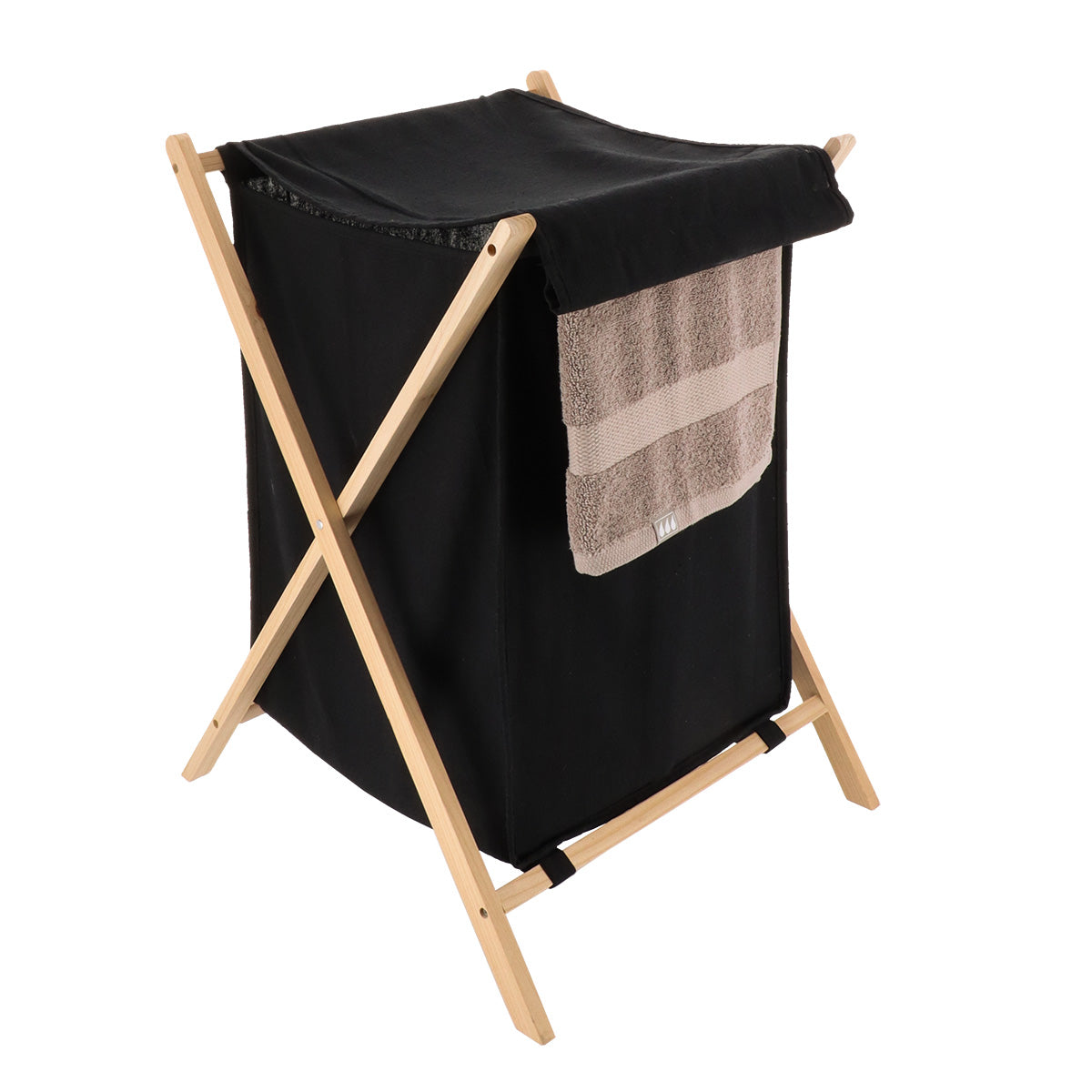 Coș de rufe pliabil din lemn de molid și material textil – Natural/Negru