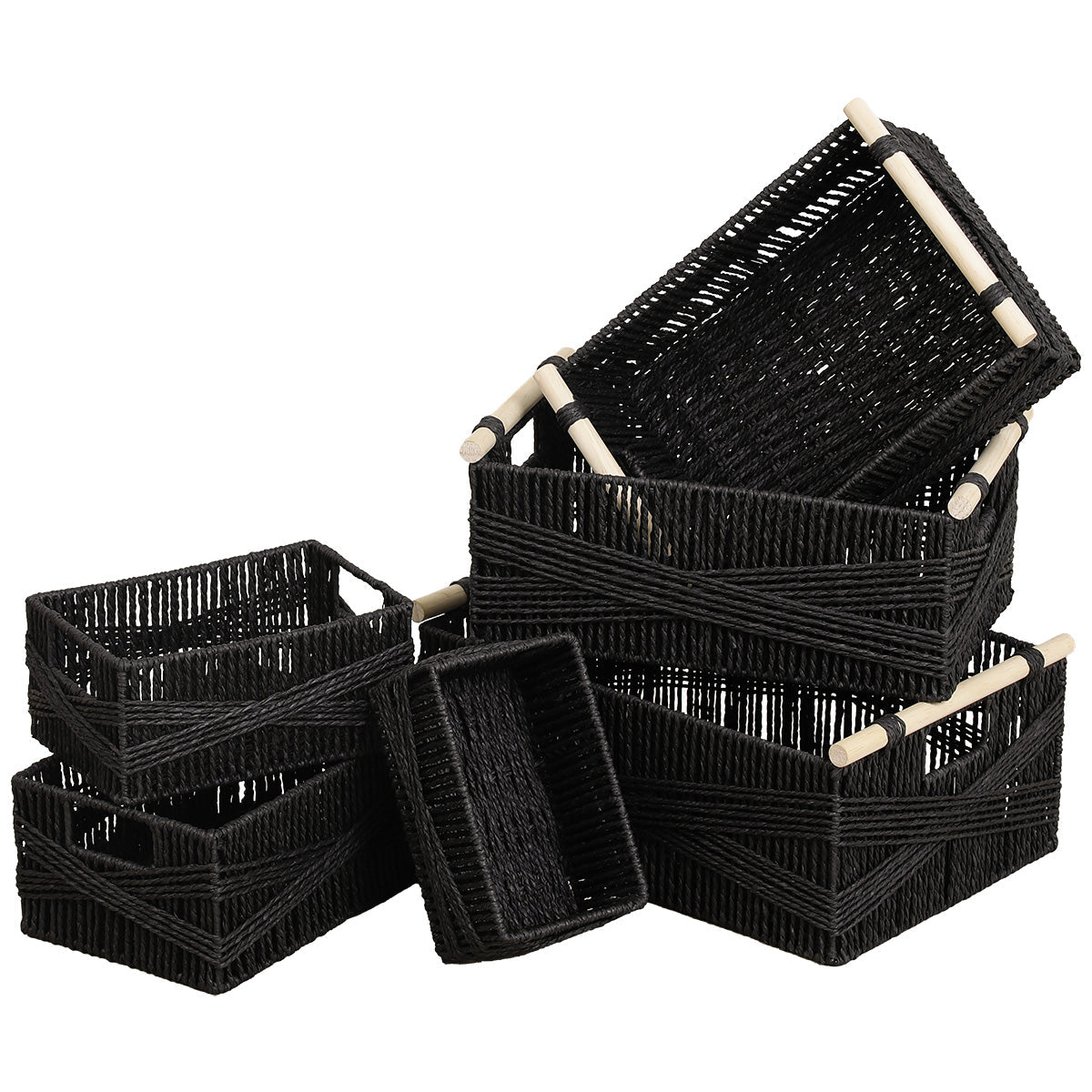 Set de 6 Coșuri din Hârtie cu Mânere din Lemn - Negru