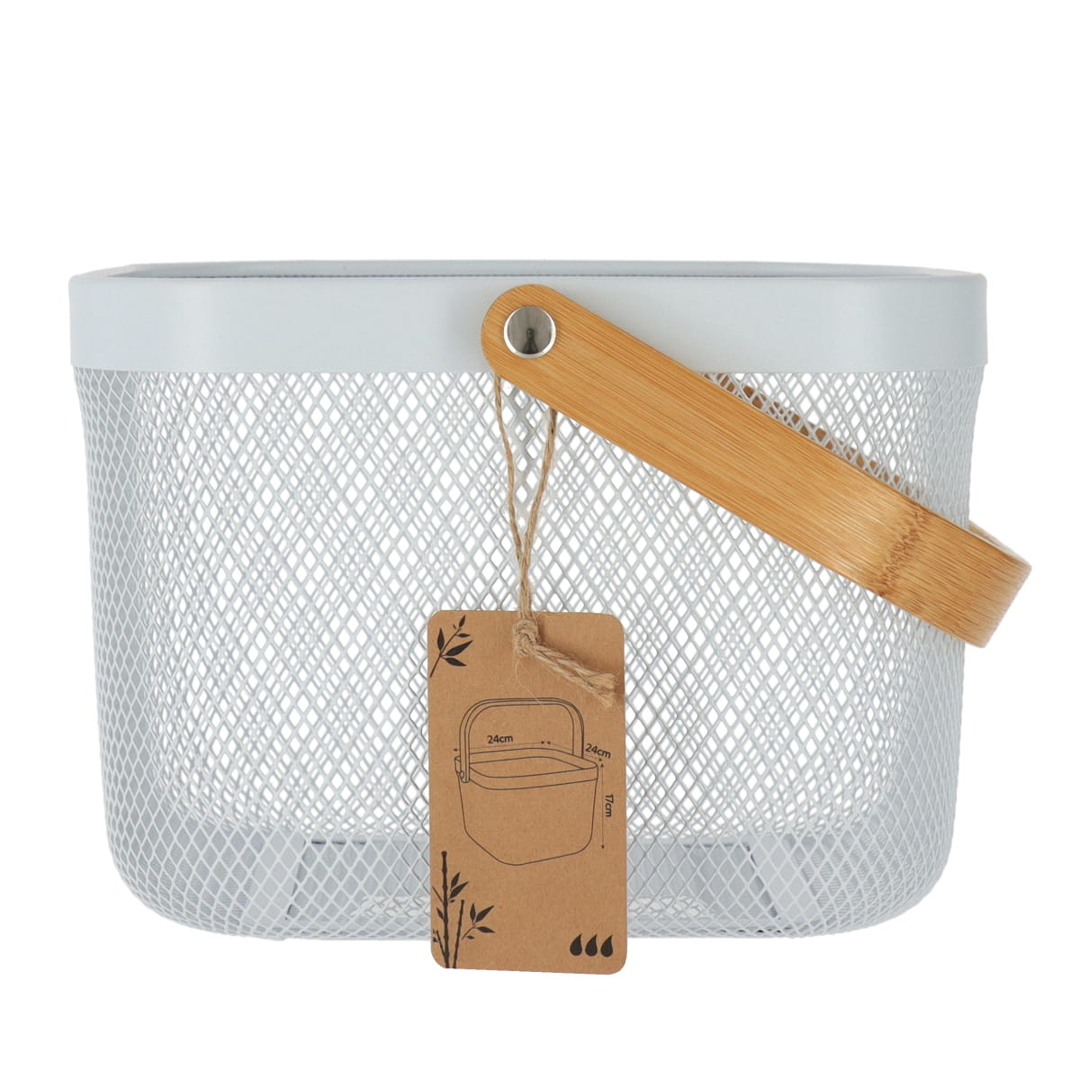 Coș pătrat din metal cu mâner din bambus – Alb