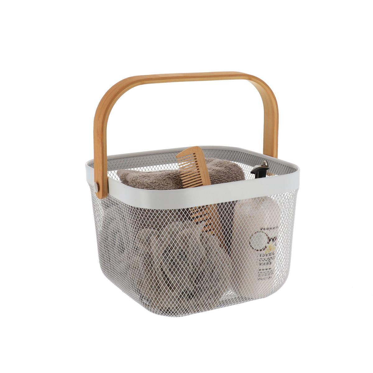 Coș pătrat din metal cu mâner din bambus – Alb