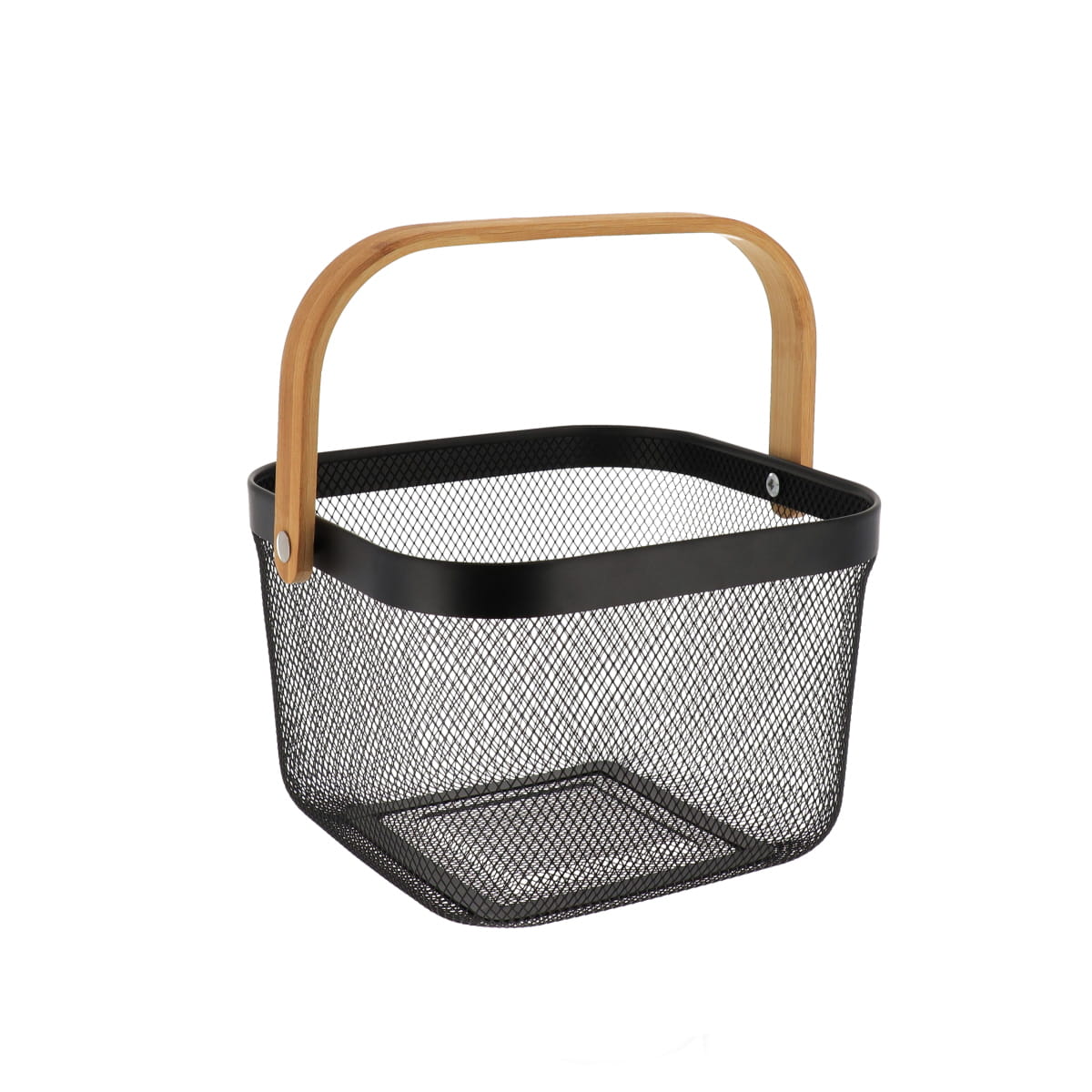 Coș pătrat din metal cu mâner din bambus – Negru
