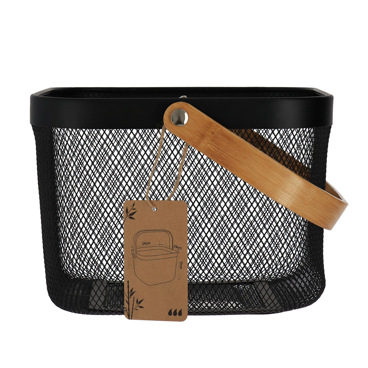 Coș pătrat din metal cu mâner din bambus – Negru
