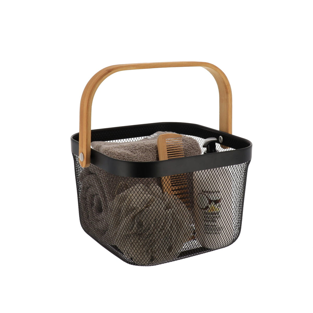 Coș pătrat din metal cu mâner din bambus – Negru