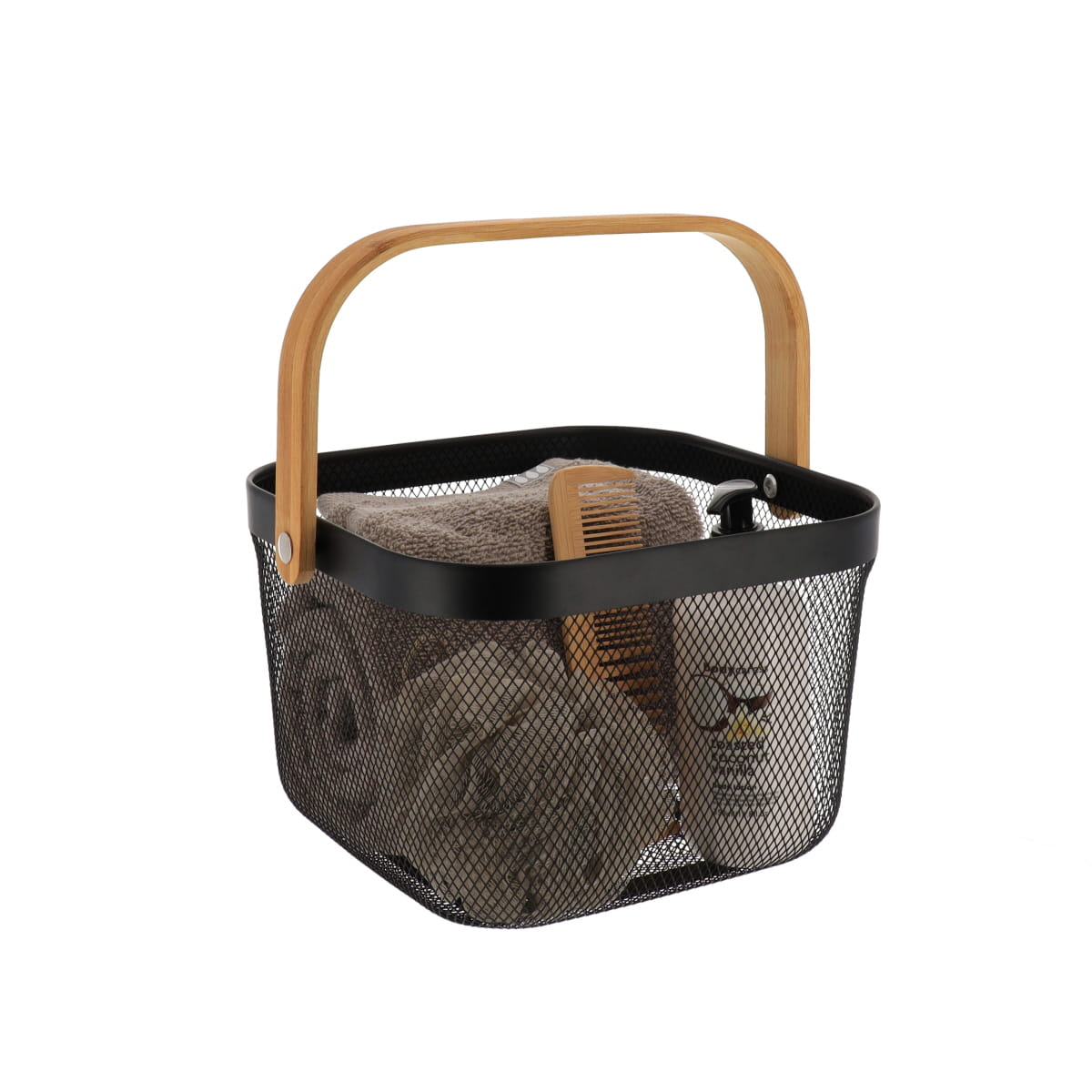 Coș pătrat din metal cu mâner din bambus – Negru