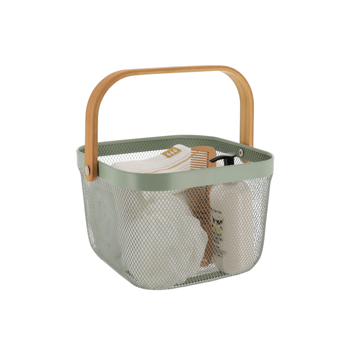 Coș pătrat din metal cu mâner din bambus – Kaki