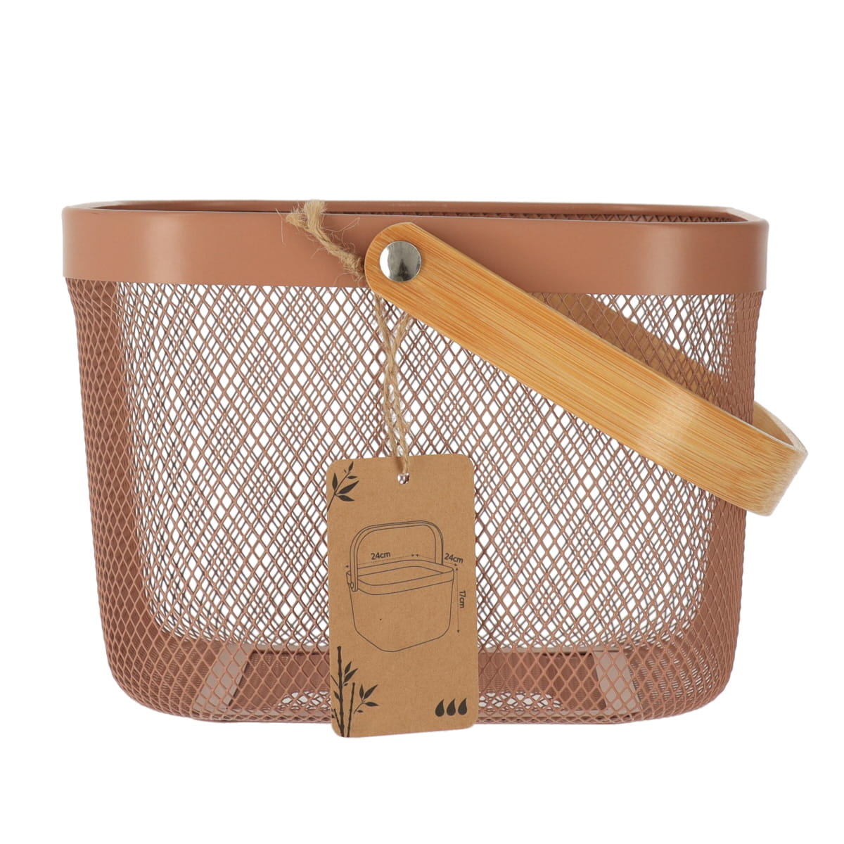Coș pătrat din metal cu mâner din bambus – Caramel