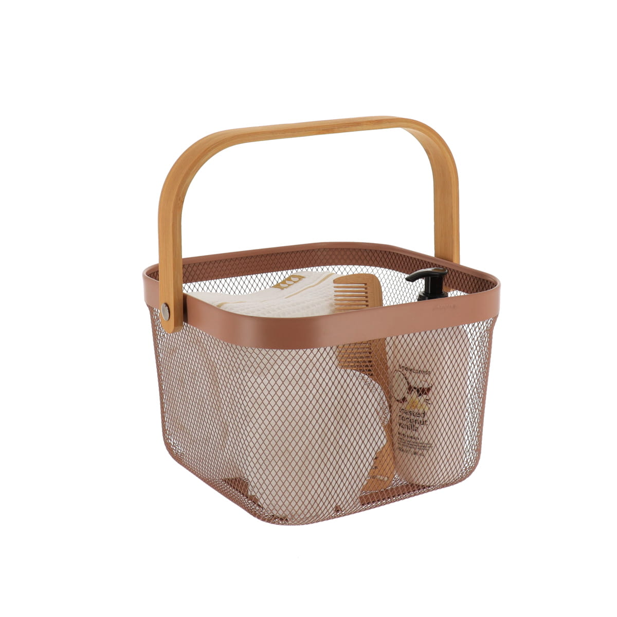 Coș pătrat din metal cu mâner din bambus – Caramel