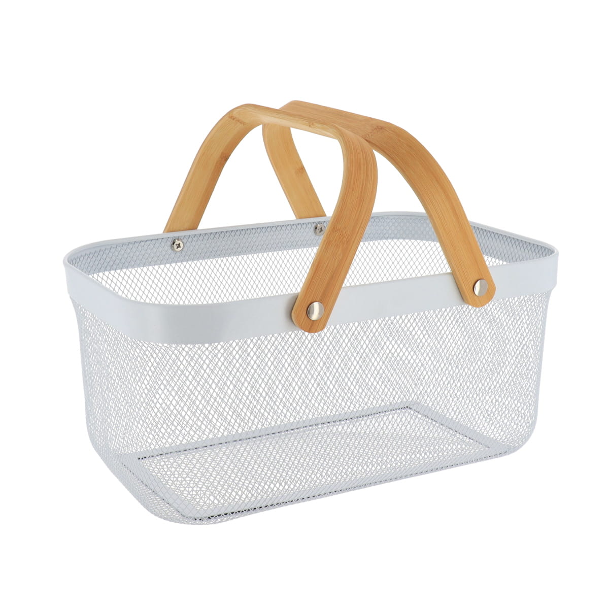 Coș dreptunghiular din metal cu mâner din bambus – Alb