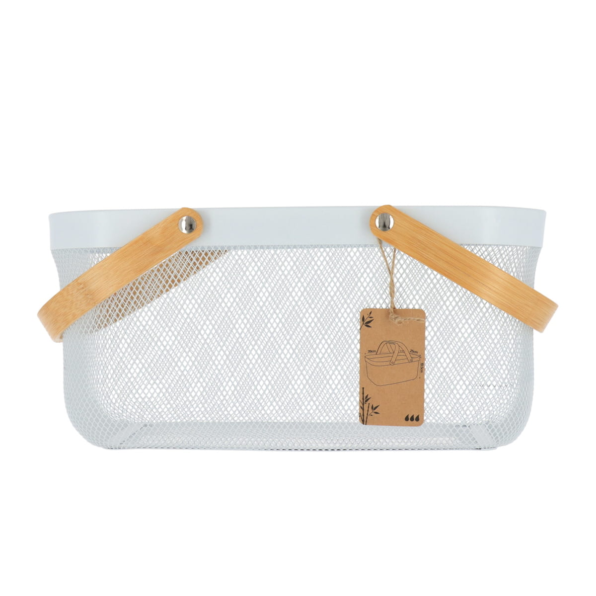 Coș dreptunghiular din metal cu mâner din bambus – Alb