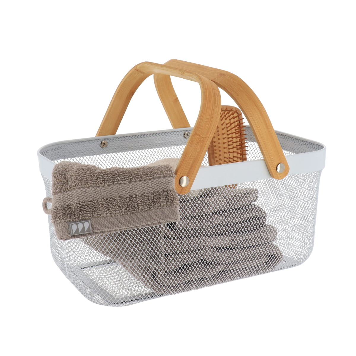 Coș dreptunghiular din metal cu mâner din bambus – Alb