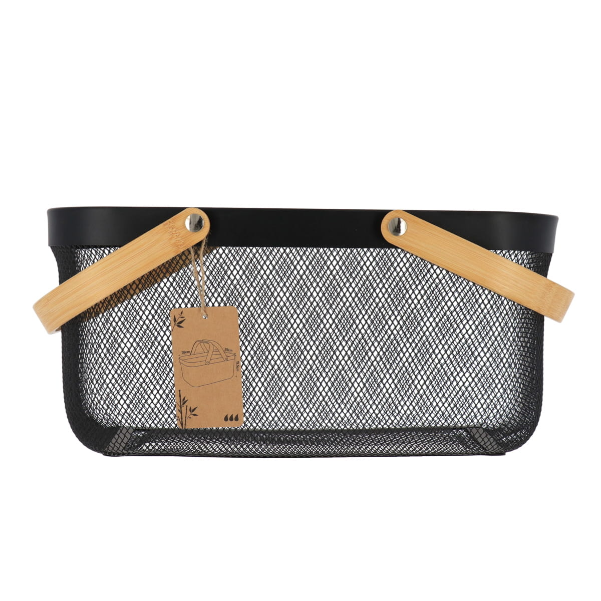 Coș dreptunghiular din metal cu mâner din bambus – Negru