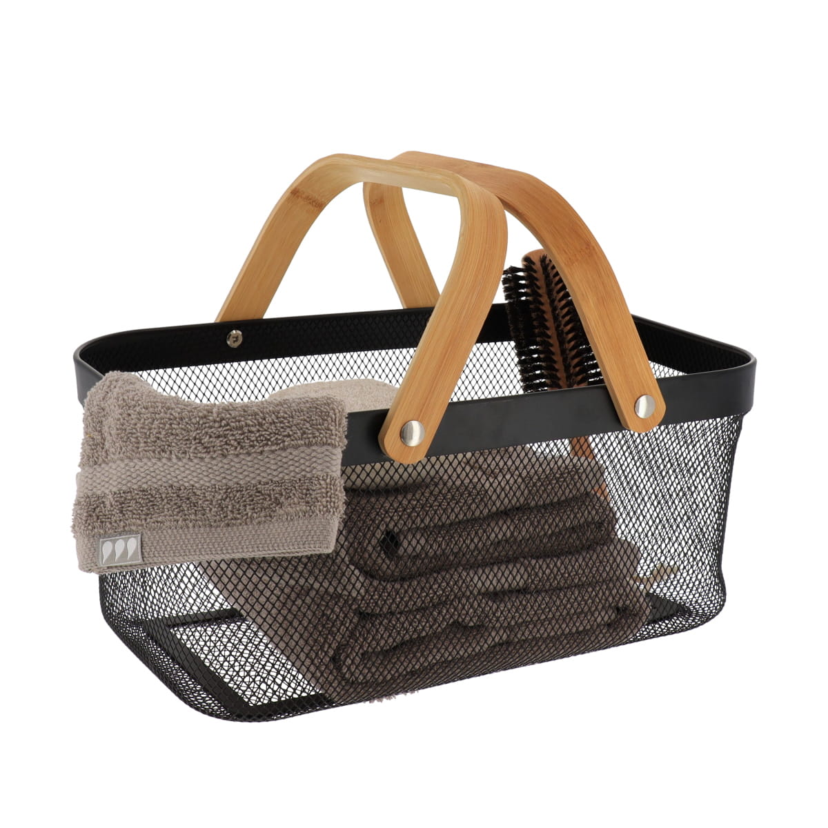 Coș dreptunghiular din metal cu mâner din bambus – Negru