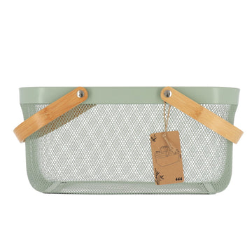 Coș dreptunghiular din metal cu mâner din bambus – Kaki