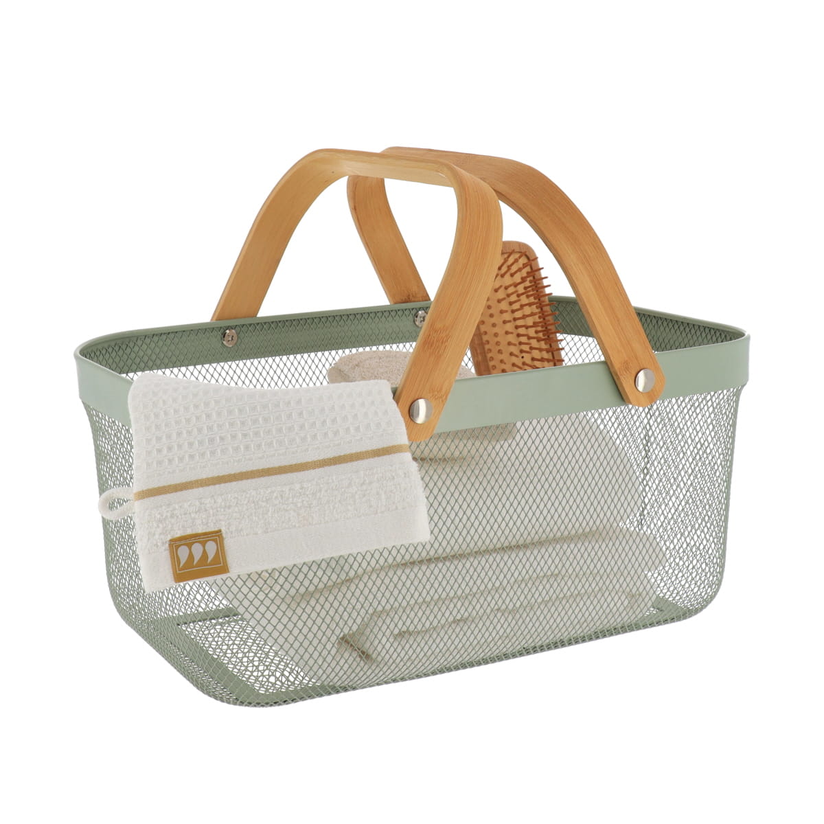 Coș dreptunghiular din metal cu mâner din bambus – Kaki