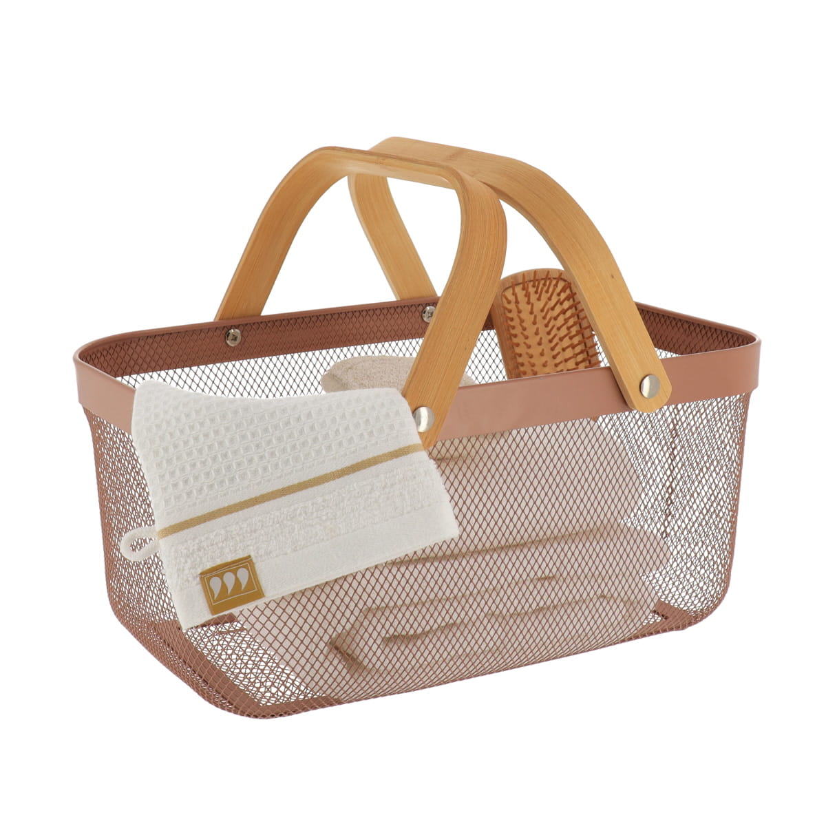 Coș dreptunghiular din metal cu mâner din bambus – Caramel