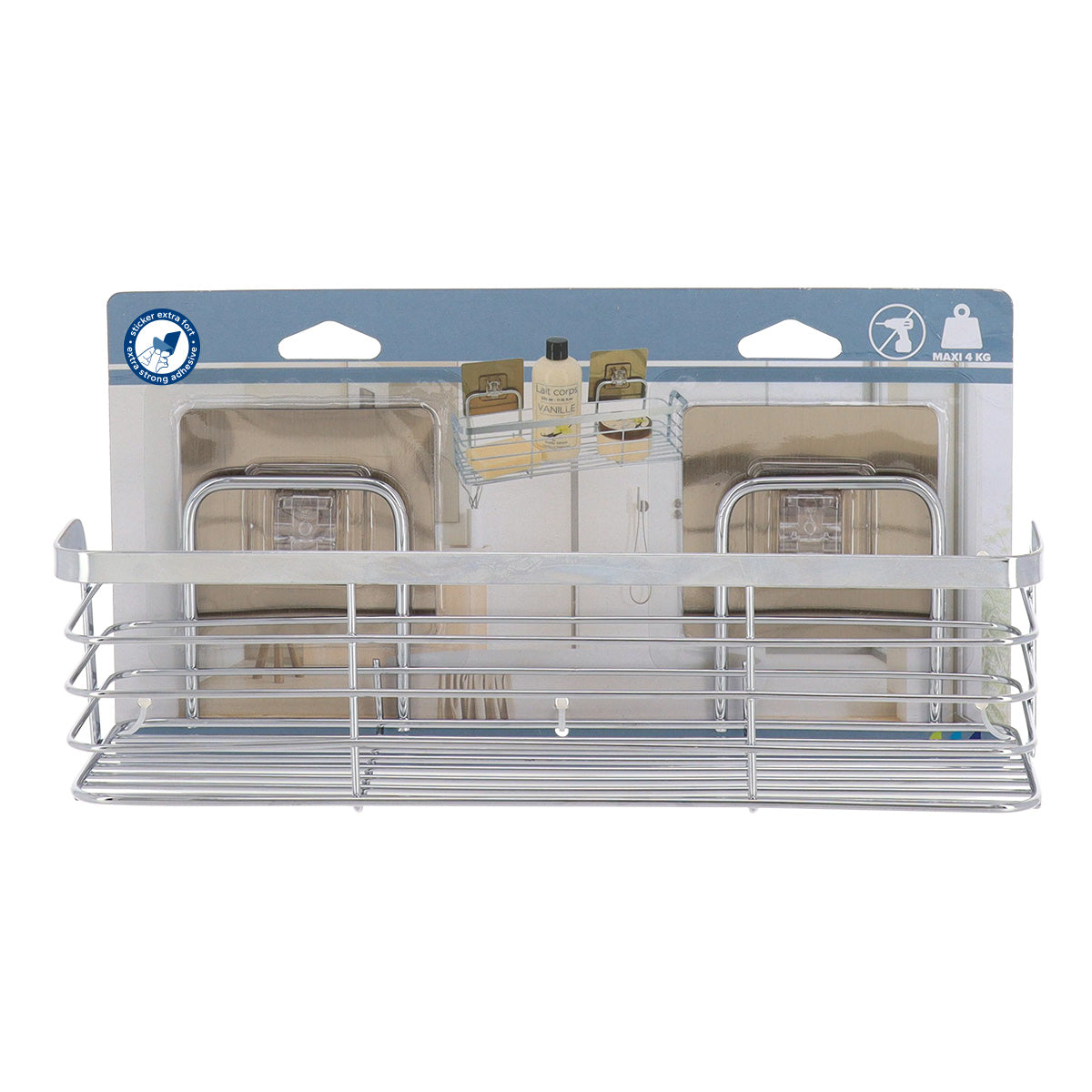 Coș de duș rectangular mic din inox – adeziv 3M – finisaj cromat